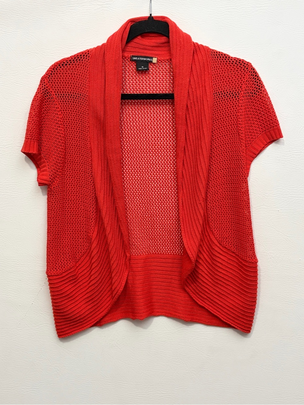 Sweaterworks Vibrant Coral Red Open-Front Short Sleeve Knit Cardigan Medium